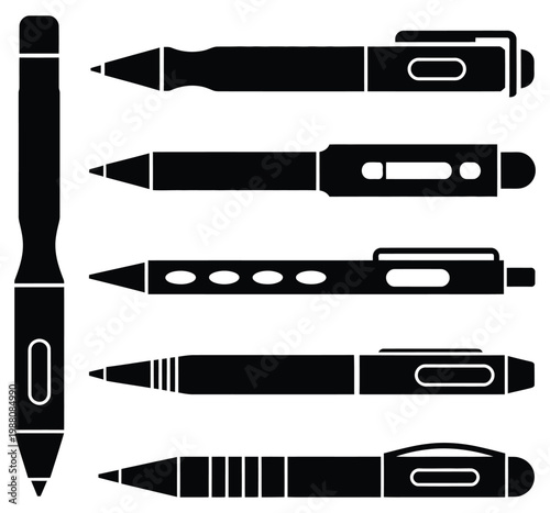 Digital stylus pen vector icon set for graphic tablet illustration, scalable design tool symbols for drawing, sketching, editing, creative software applications, and digital art interface elements.