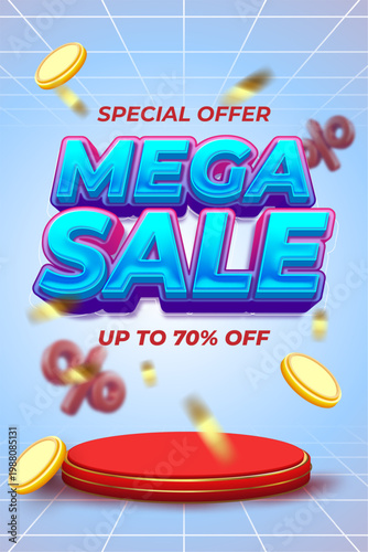 Mega sale special offer banner with 3d text and podium