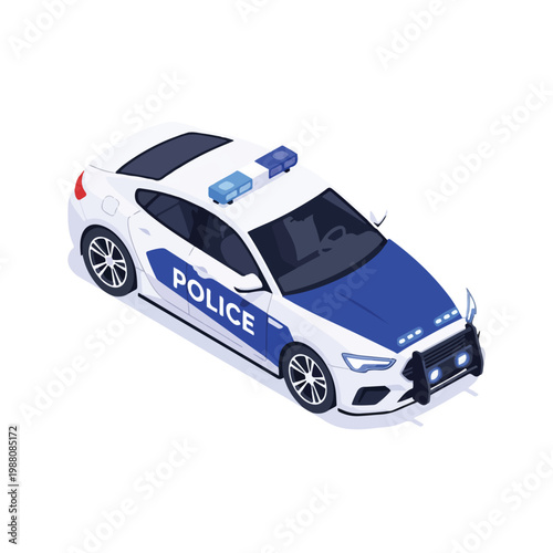 Isometric illustration of a modern law enforcement patrol vehicle, featuring emergency lights and a robust bull bar, symbolizing public safety and rapid response services