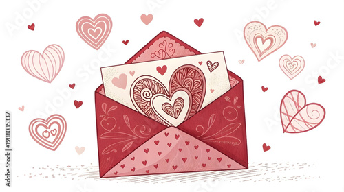 Valentine love envelope with hearts illustration, romantic greeting card design, wedding invitation, anniversary message, social media posts