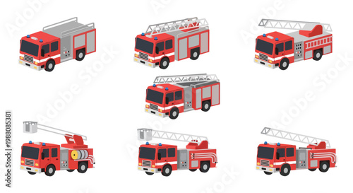 Φωτογραφία A comprehensive set of isometric fire engine illustrations, featuring diverse ve