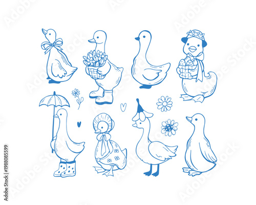 A set of silly goose with eggs, flowers, flirty bows in outline style. Isolated design elements, Sketch blue poultry. Easter funny cottagecore farm animals. Whimsical decorative vector illustrations.