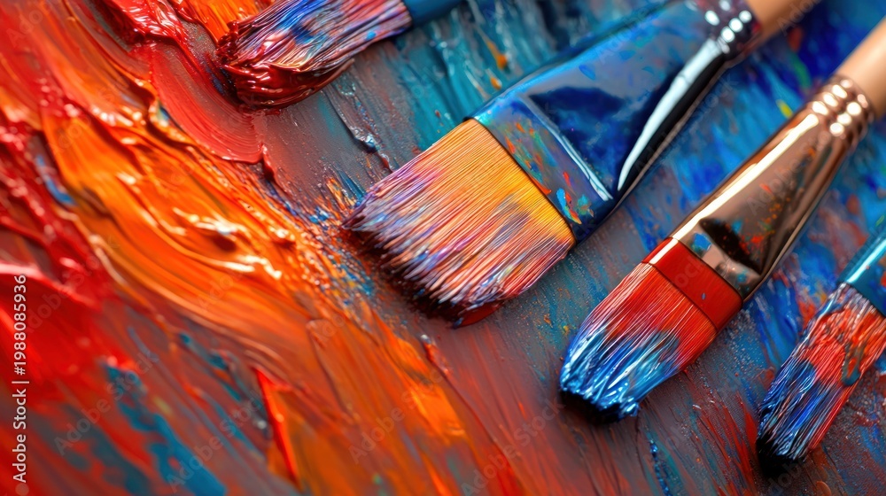 Fototapeta premium Close-up view of paintbrushes atop colorful, textured strokes, highlighting creative process