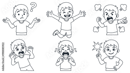 Collection of cartoon boy expressions showing emotions like happiness anger fear and confusion.