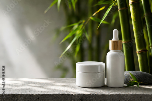Natural skincare products on stone surface with bamboo and stones