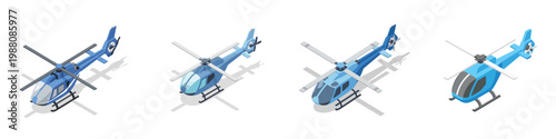 Set of four blue helicopters in different poses with shadows casting, conveying movement and aerial perspectives