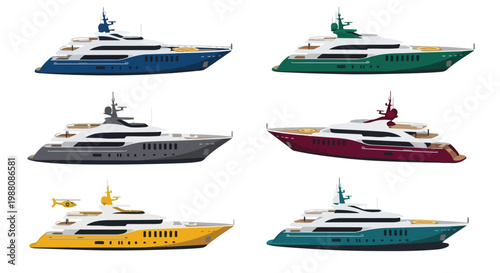Collection of luxurious motor yachts in various vibrant colors, showcasing modern design and sleek silhouettes on a white background