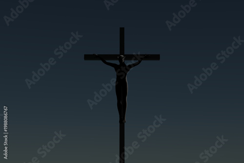 Silhouette of Jesus Christ on the cross at sunset or twilight background, Crucifixion concept.