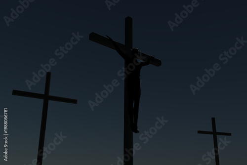Silhouette of Jesus Christ on the cross at sunset or twilight background, Crucifixion concept.