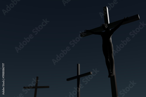 Silhouette of Jesus Christ on the cross at sunset or twilight background, Crucifixion concept.