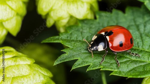 Vibrant Ladybug on a Green Leaf Surrounded by Hops in a Lush Garden Setting