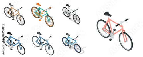 Collection of bicycles in various colors and styles, depicted in an isometric perspective for a modern and clean aesthetic