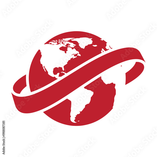 Red globe with white continents and curved ribbon, on white background, red ribbon