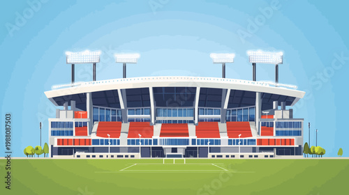 A modern stadium illustration with red seating, floodlights, and green field, against a blue sky