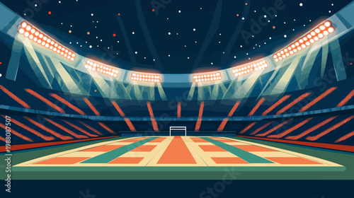 A brightly lit stadium at night, showcasing an empty field, bleachers, and starry sky