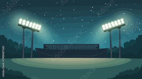 Pixelated illustration of a sports stadium at night, illuminated by two powerful floodlights