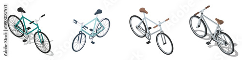 Set of four different bicycle illustrations in isometric view with white background