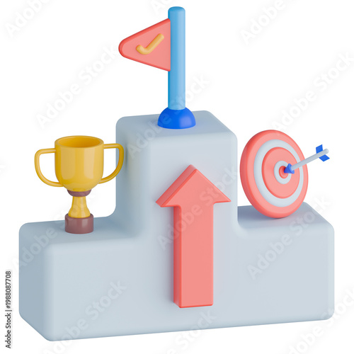 3d rendering concept business goal and achievement illustration. Trophy, archery target and flag on podium.