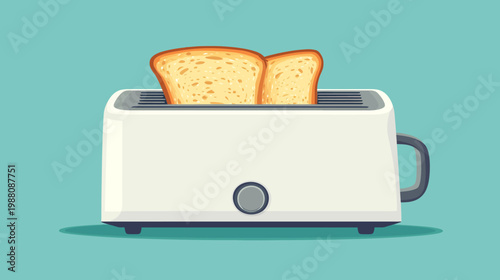 A white toaster, with two slices of toast popping up on a teal background