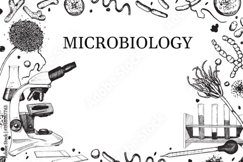 A microbiological frame with text space featuring laboratory instruments and beneficial microorganisms. Suitable for designing invitations, covers, cards, and posters.