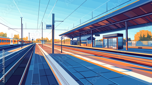 Illustration of a train station platform, tracks, and a train, with a blue and orange color scheme