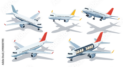 Isometric Illustration Set Showcasing Airplanes and Aviation Technology, Featuring Sustainable Energy Concepts with Electric Batteries for Future Travel and Eco-Friendly Transportation Solutions