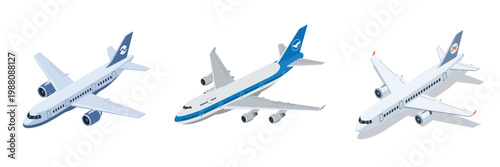 Set of three modern passenger airplanes in isometric view, perfect for aviation and travel themes
