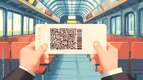 Illustration of hands holding a ticket with a QR code, train interior in the background
