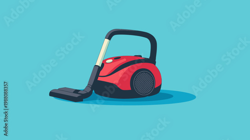 A stylized illustration of a red and black vacuum cleaner on a vibrant blue background