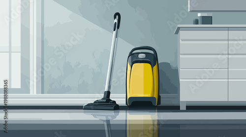 A yellow and black cleaning appliance against a light gray wall with a window