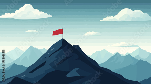 A red flag atop a mountain peak symbolizes achievement, amidst a range of layered mountains under a cloudy sky