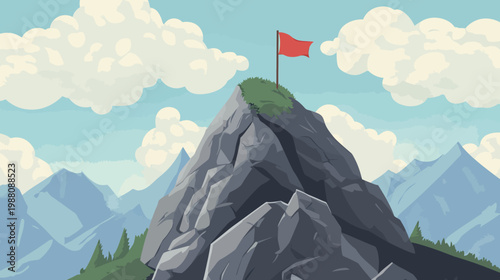 A cartoon depiction of a mountain landscape with a flag at the peak and rolling clouds