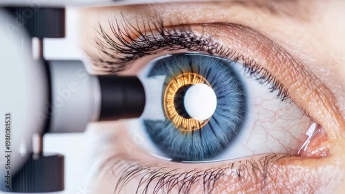 Close-Up of Human Eye During Eye Examination with Optical Equipment Focused on Iris and Pupil