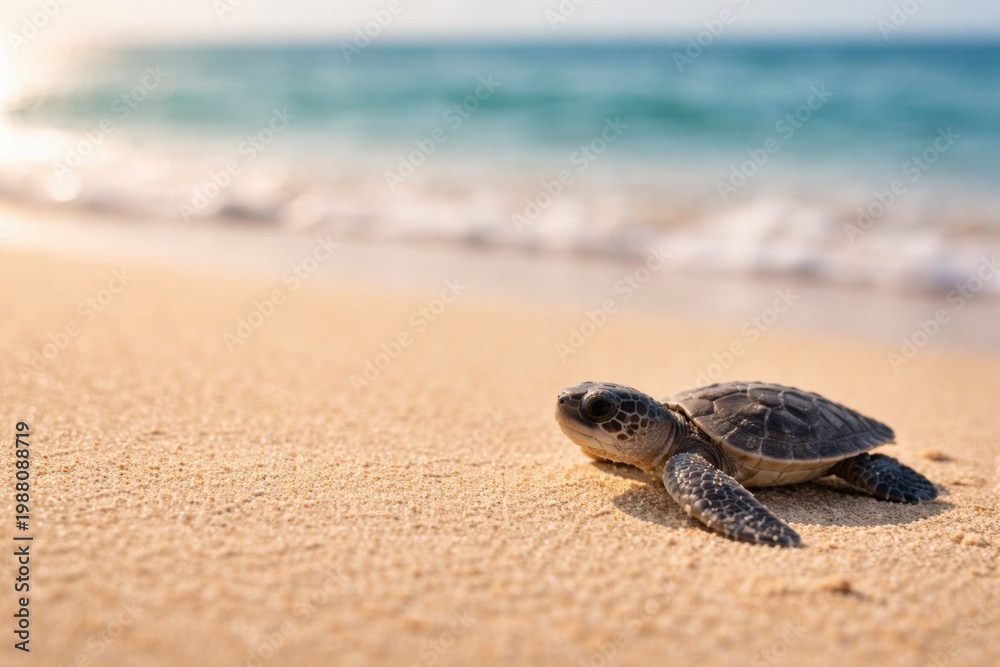 Obraz premium Tiny sea turtle crawls on sandy beach towards the ocean waves at sunrise