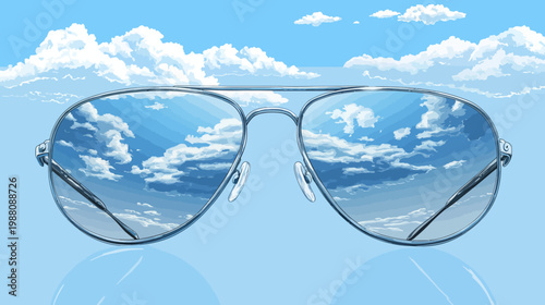 Pixelated illustration of aviator sunglasses reflecting a sky full of puffy clouds.