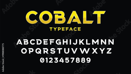 Retro arcade-inspired cobalt typeface font display with uppercase letters and numbers Vector