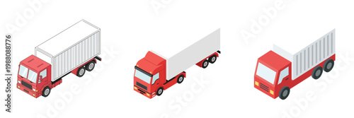 Isometric icons representing three red freight trucks with white cargo containers, ideal for logistics and transportation concepts