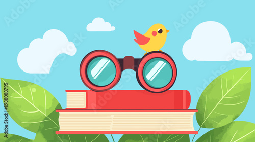 Illustration of a yellow bird perched atop binoculars resting on stacked books against a sky