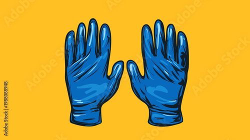 Two rendered blue gloves sit against a warm yellow background, simple vector illustration