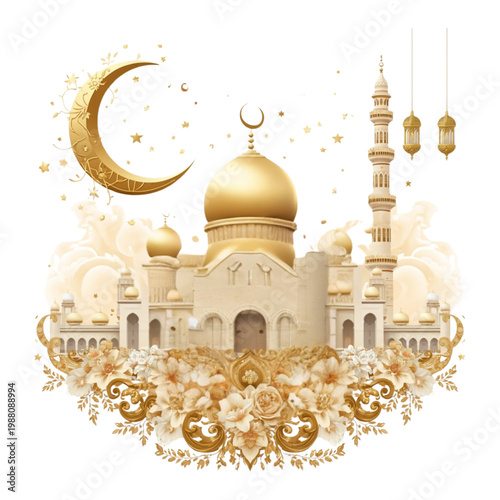 Illustration of a magnificent mosque with golden nuances and floral ornaments.