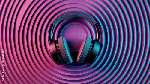 Abstract color waves with modern headphones on vibrant background showcasing sound and music concept