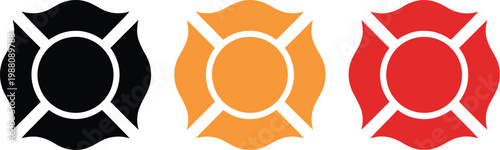 Firefighter Maltese cross icon set, fire department emergency service vector symbols for rescue, firefighting emblems, safety response icons, and public emergency service design.