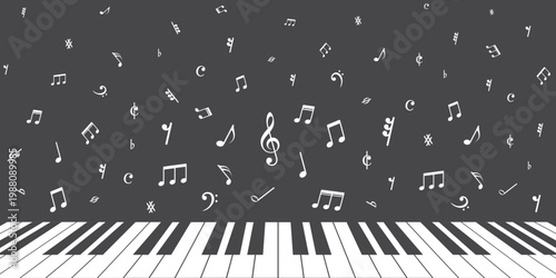 Piano keys with musical notes. Music banner with piano keyboard.