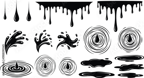 Black Ink Drips, Splashes, and Puddles Vector Elements