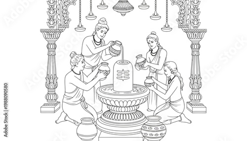 Lingam Hindu icon illustration with people performing ritual worship