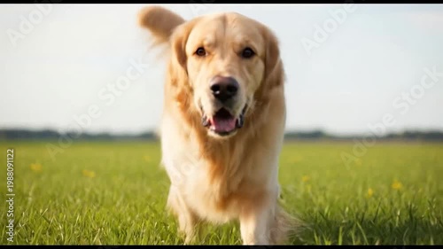 Golden Retriever Dog Running Freely Outdoors.