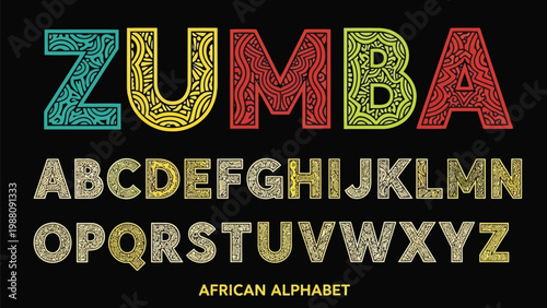 Colorful representation of the african alphabet with the word zumba highlighted at the top Vector