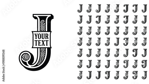 Decorative drop capital letter j with sample variations and text placeholder Vector