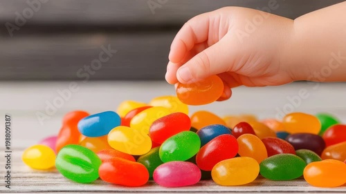 Child's Hand Reaching for Colorful Jelly Beans on Wooden Table in Bright Natural Light