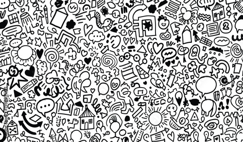 Doodle Art Pattern: Whimsical Hand-Drawn Icons and Symbols on White